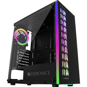 ZEBRONICS ZEB-868B Hector Premium Gaming Chassis, Supports ATX/Micro ATX Motherboard, USB 3.0, AIO Cooler, 120mm RGB Cooling Fans, Tempered Glass Panel, RGB LED Strip